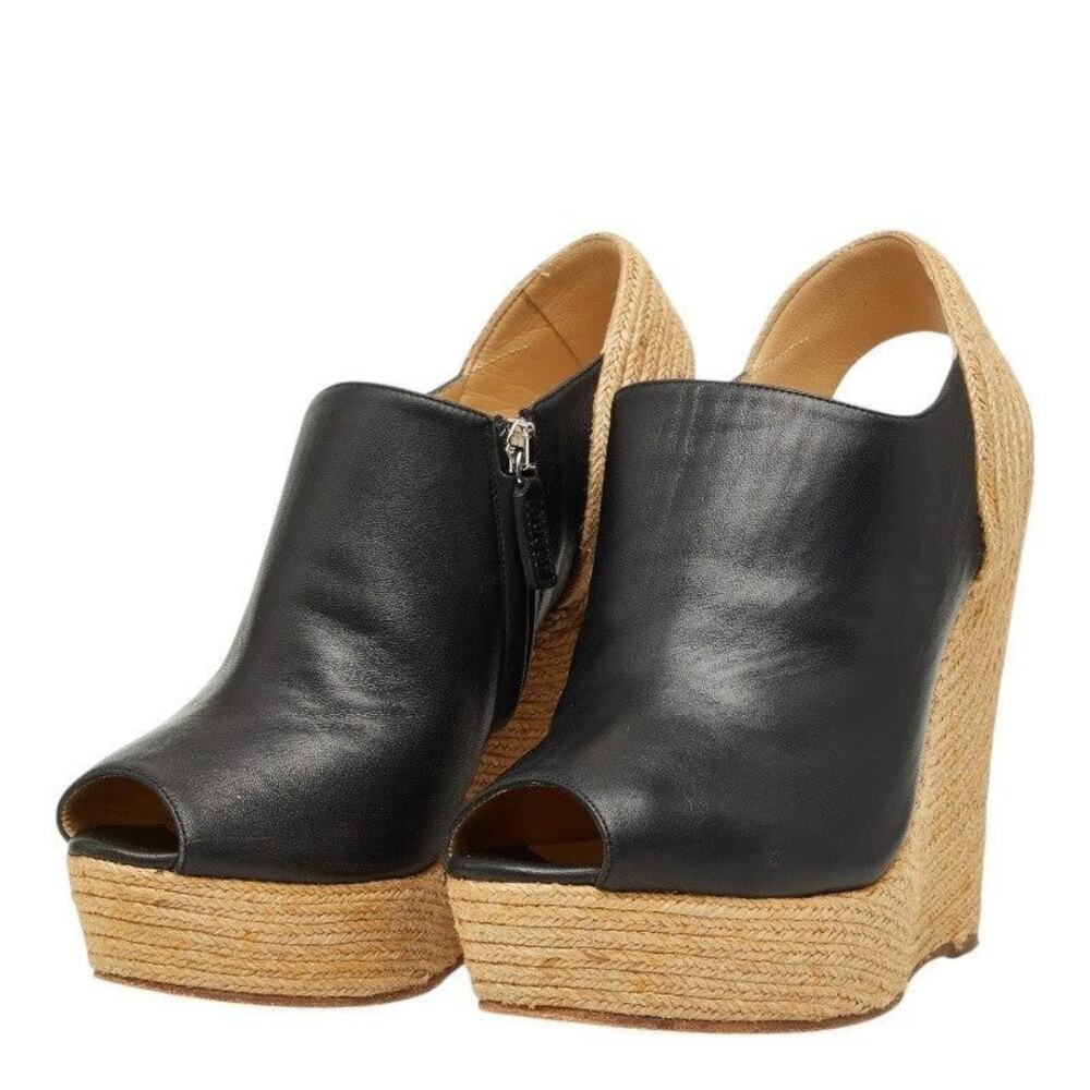 Gucci Leather Wood Wedge Sole Sandals Beige